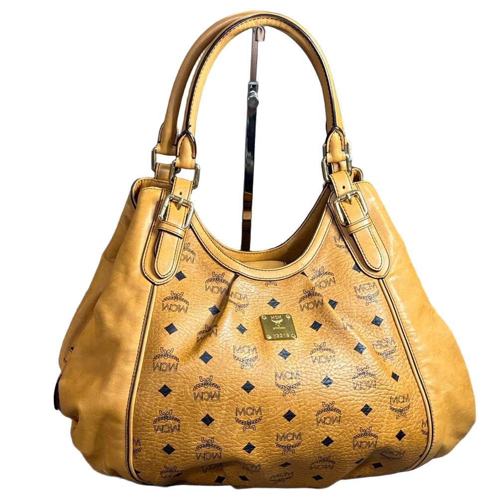 MCM Visetos Hobo Shoulder Bag in Cognac Tan with Gold Hardware